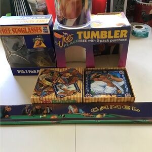 8 piece vintage Joe Camel collection. Tumbler, sunglasses, coasters, matchbook